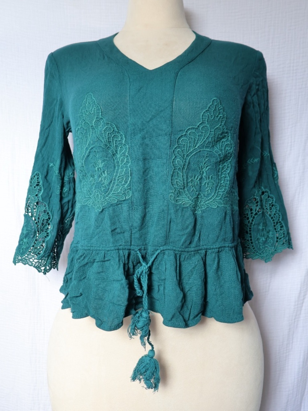 Cato Teal Embroidered V-Neck Peplum Tunic